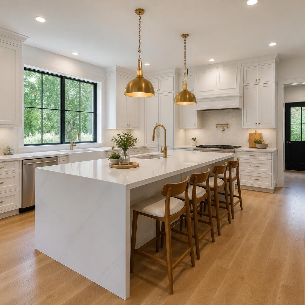 Finished residential kitchen remodel with quartz island and brass pendants